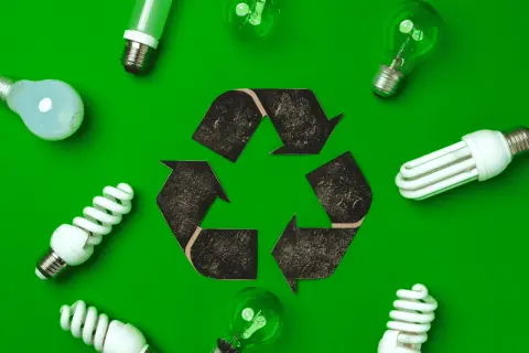 Różne rodzaje żarówek i symbol recyklingu. Pytanie: gdzie wyrzucić żarówki? Odpowiedź: do odpowiednich punktów zbiórki.