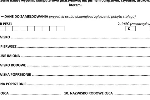Formularz zgłoszenia zameldowania na pobyt stały. Wypełnij dane osobowe, PESEL, nazwisko, imiona, nazwiska poprzednie i dane rodziców. Czy jest obowiązek meldunku? Tak, ten formularz to potwierdza.