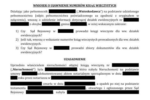 Wniosek o ujawnienie numerów ksiąg wieczystych. Jak sprawdzić numer księgi wieczystej? Dokument zawiera pytania do sądu o prowadzenie ksiąg wieczystych i zbiorów dokumentów.