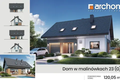 Projekt domu "Dom w Malinówkach 23 (G)" w stanie surowym otwartym. Cena za m2 robocizny do ustalenia. Powierzchnia 120,05 m².