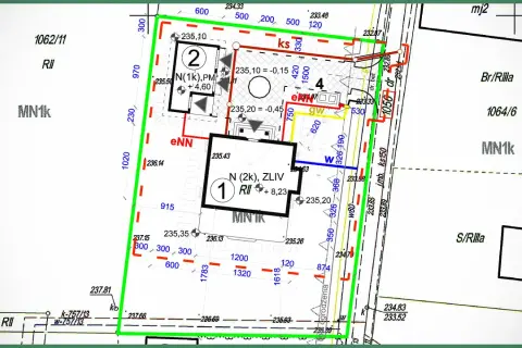 Mapa do celów projektowych cena: szczegółowy plan działki z oznaczeniami budynków, sieci i granic.