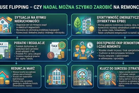 Flipowanie nieruchomości: analiza rynku, podatki, remonty i klucz do sukcesu. Grafika przedstawia czynniki wpływające na opłacalność flipowania.