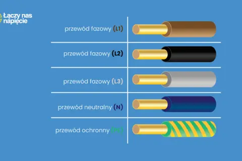 Przewody fazowe (L1, L2, L3) mają brązowy, czarny i szary płaszcz. Przewód neutralny (N) jest niebieski, a ochronny (PE) ma zielono-żółte paski.