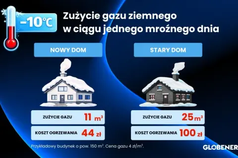 Porównanie kosztów ogrzewania gazowego: nowy dom zużywa 11 m³ gazu (44 zł), stary dom 25 m³ (100 zł) w mroźny dzień.