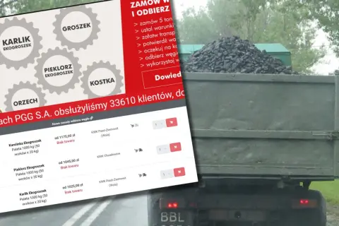 PGG cennik węgla: ekogroszek, orzech, kostka. Na ekranie widoczne ceny i dostępność produktów, obok ciężarówka z węglem.