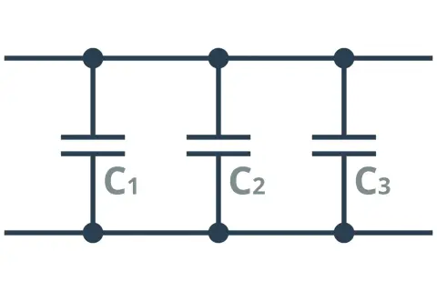 Schemat obwodu elektrycznego: trzy kondensatory C1, C2, C3 połączone równolegle.