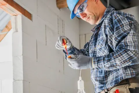 Elektryk w kasku i okularach montuje oprawkę żarówki. Zastanawiasz się, ile za punkt elektryczny?