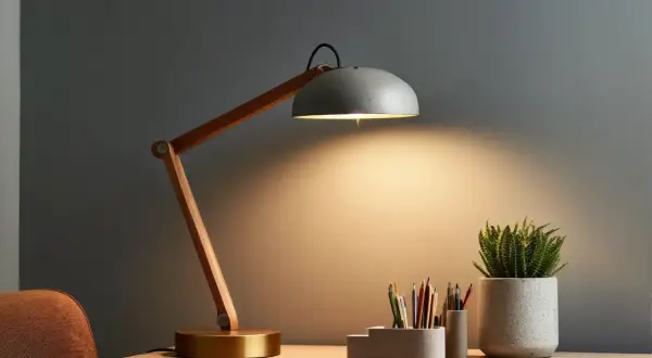 Stylowa lampka biurkowa z drewnianym ramieniem i betonową osłoną, oświetlająca miejsce pracy. Idealna do zadań wymagających precyzji, zapewnia odpowiednią ilość lumenów na m2.