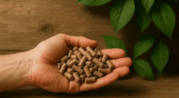 Garść pelletu drzewnego w dłoni, symbolizująca ekologiczne ogrzewanie. Sprawdź, jaka jest 1 tona pelletu cena.