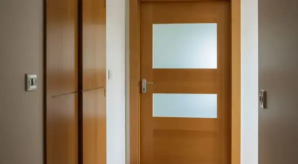 Drewniane drzwi z dwoma przeszkleniami, gotowe do malowania. Obok szafa wnękowa.