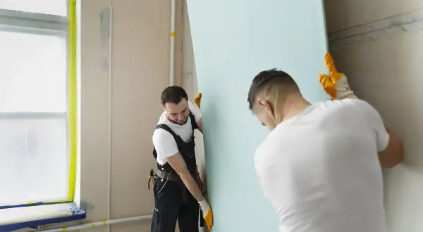 Dwóch budowlańców montuje płyty regipsowe. Jeden z nich przytrzymuje duży, jasnoniebieski arkusz, podczas gdy drugi ustawia go w odpowiednim miejscu.