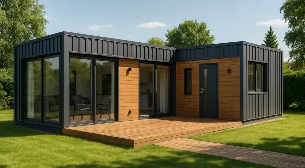 Nowoczesny dom z kontenerów 100m2 cena. Elegancka bryła, drewniana elewacja, duże przeszklenia i taras.