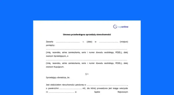 Umowa przedwstępna sprzedaży nieruchomości. Dokument zawiera dane sprzedającego i kupującego, a także informacje o nieruchomości.