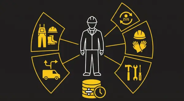 Schemat przedstawia pracownika otoczonego ikonami: odzież ochronna, ZUS, narzędzia, czas pracy, transport.