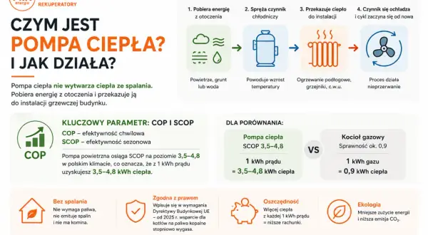 Pompy ciepła – ceny: porównanie efektywności COP/SCOP, oszczędności i ekologii. 1 kWh prądu daje 3,5-4,8 kWh ciepła.