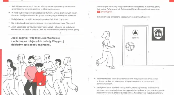 Ilustracja pokazuje ludzi uciekających w panice i znak schronienia. Unikaj tłumu i niebezpieczeństw, pamiętaj o **napięciu krokowym**.