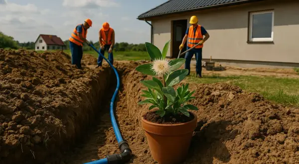 Pracownicy realizują projekt przyłącza wody, kopiąc rów, w którym układana jest niebieska rura. W tle dom i kwitnąca roślina w doniczce.