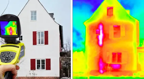 Kamera termowizyjna pokazuje dom, uwidaczniając **mostki termiczne** jako jasne plamy, gdzie ucieka ciepło.