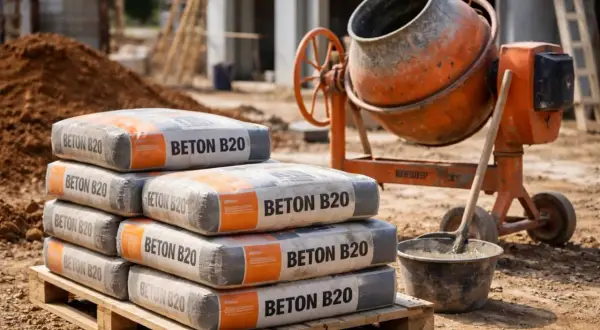 Siedem worków z napisem "BETON B20" na palecie, obok betoniarki i wiadra z zaprawą. Sprawdź aktualną beton b20 cena za m3.