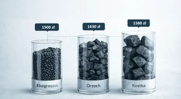 Porównanie cen węgla: Ekogroszek 1500 zł, Orzech 1630 zł, Kostka 1580 zł.