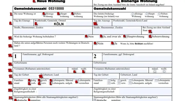 Formular zur Anmeldung einer neuen Wohnung in Köln. Wichtige Felder für meldung tymczasowy.