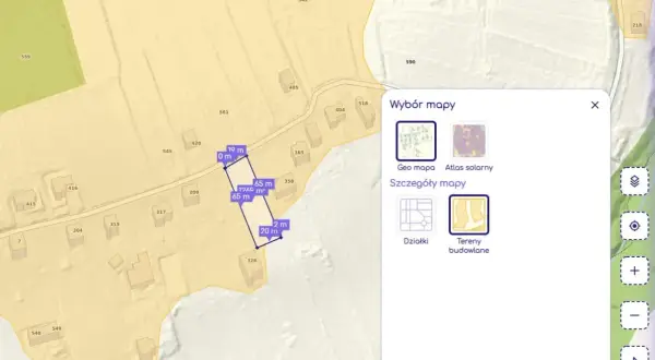 Mapa z zaznaczoną działką i wymiarami. Okno "Wybór mapy" z opcją "Tereny budowlane" pomoże sprawdzić, jak sprawdzić czy działka jest budowlana.