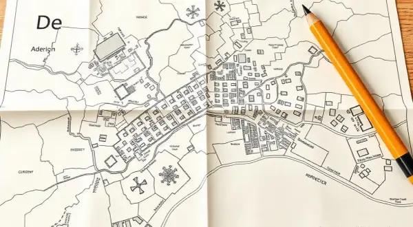 Mapa zasadnicza działki z zaznaczonymi budynkami, drogami i nazwami terenów. Obok leży żółty ołówek.