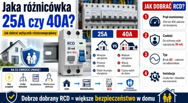 Porównanie wyłączników RCD 25A i 40A. Wybór zależy od obciążenia i liczby obwodów w domu. Dobrze dobrany RCD to większe bezpieczeństwo.