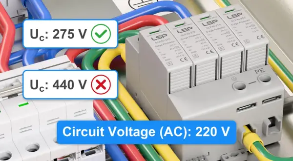 Zabezpieczenie przeciwprzepięciowe LSP chroni instalację 220V. Uc 275V jest OK, 440V to ryzyko.