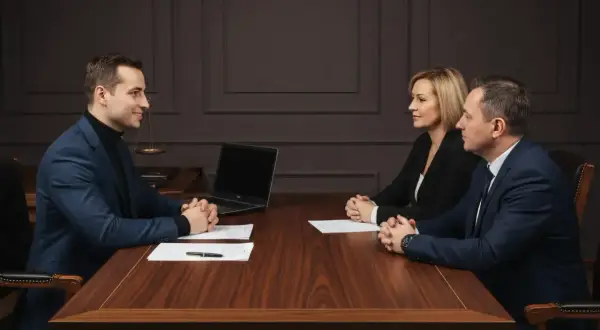 Notariusz omawia akt notarialny mieszkania z klientami przy drewnianym stole.