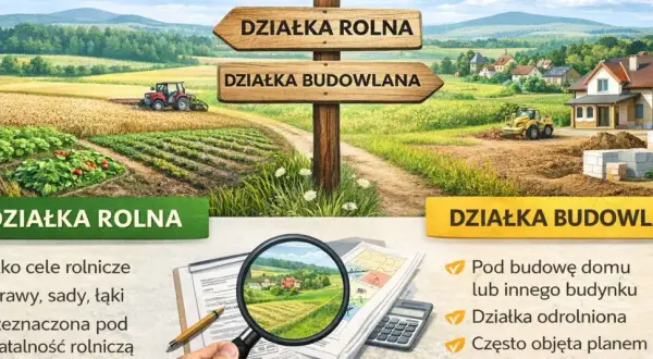 Rozdroże dróg: z jednej strony działka rolna z traktorem i uprawami, z drugiej działka budowlana z domem w budowie.