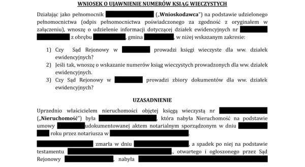 Wniosek o ujawnienie numerów ksiąg wieczystych. Jak sprawdzić numer księgi wieczystej? Dokument zawiera pytania do sądu o prowadzenie ksiąg wieczystych i zbiorów dokumentów.