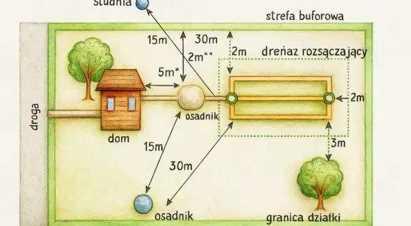 Schemat przydomowej oczyszczalni ścieków: dom, osadnik, drenaż rozsączający, studnia. Pokazuje wymagane odległości od granicy działki i innych elementów.
