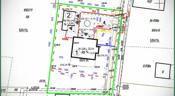 Mapa do celów projektowych cena: szczegółowy plan działki z oznaczeniami budynków, sieci i granic.