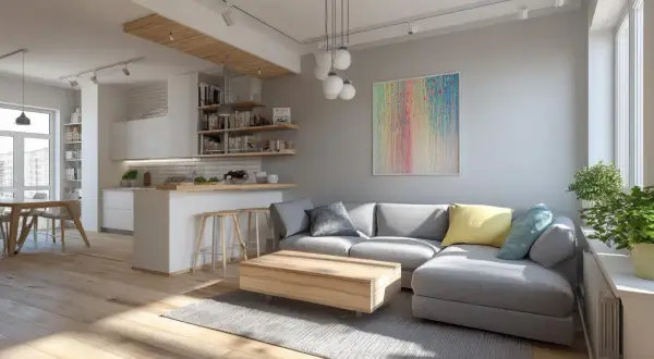 Nowoczesny salon z aneksem kuchennym. Jasne ściany, drewniana podłoga. Kanapa, stolik kawowy, wyspa kuchenna. Idealne wnętrze na **koszt malowania mieszkania 50 m**.