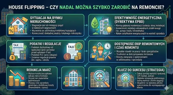 Flipowanie nieruchomości: analiza rynku, podatki, remonty i klucz do sukcesu. Grafika przedstawia czynniki wpływające na opłacalność flipowania.