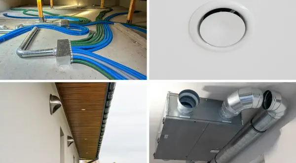 Instalacja rekuperacji w domu: kanały wentylacyjne na poddaszu, kratka nawiewna, czerpnie powietrza i centrala wentylacyjna.