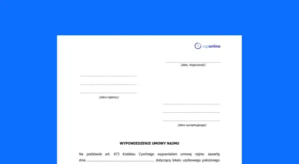 Formularz wypowiedzenia umowy najmu. Dokument zawiera pola na dane najemcy i wynajmującego, datę, miejscowość oraz podstawę prawną. Jest to krok do rozwiązania umowy najmu za porozumieniem stron.