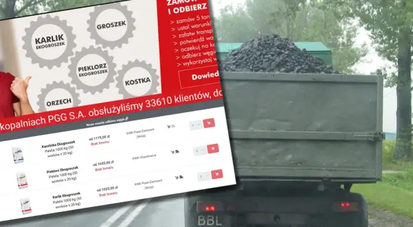 PGG cennik węgla: ekogroszek, orzech, kostka. Na ekranie widoczne ceny i dostępność produktów, obok ciężarówka z węglem.