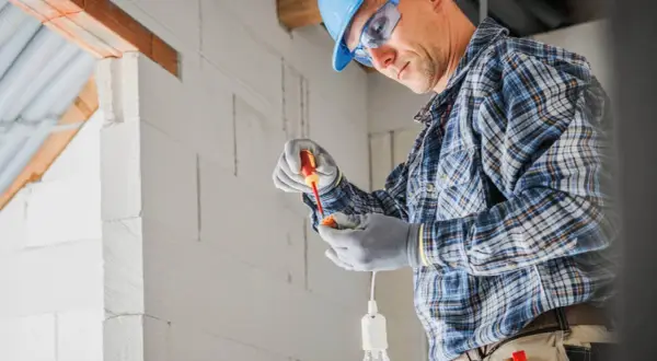 Elektryk w kasku i okularach montuje oprawkę żarówki. Zastanawiasz się, ile za punkt elektryczny?