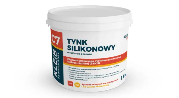 Wiadro tynku silikonowego Kleib C7. Cena za m2 robocizny zależy od wybranego koloru i faktury. Idealny do systemów ociepleń.