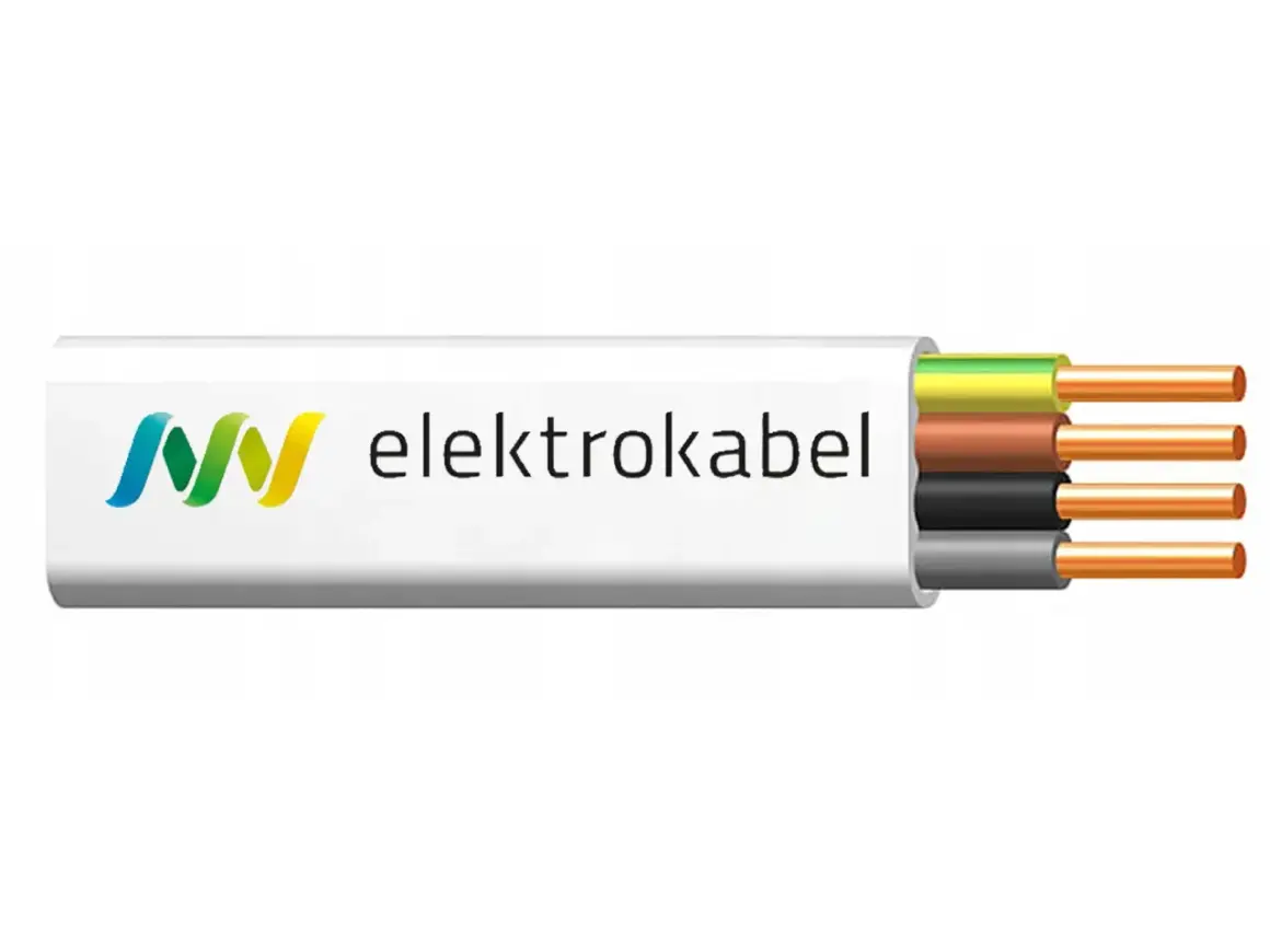 Przekrój kabla elektrycznego marki Elektrokabel z trzema żyłami: żółto-zieloną, brązową i czarną.
