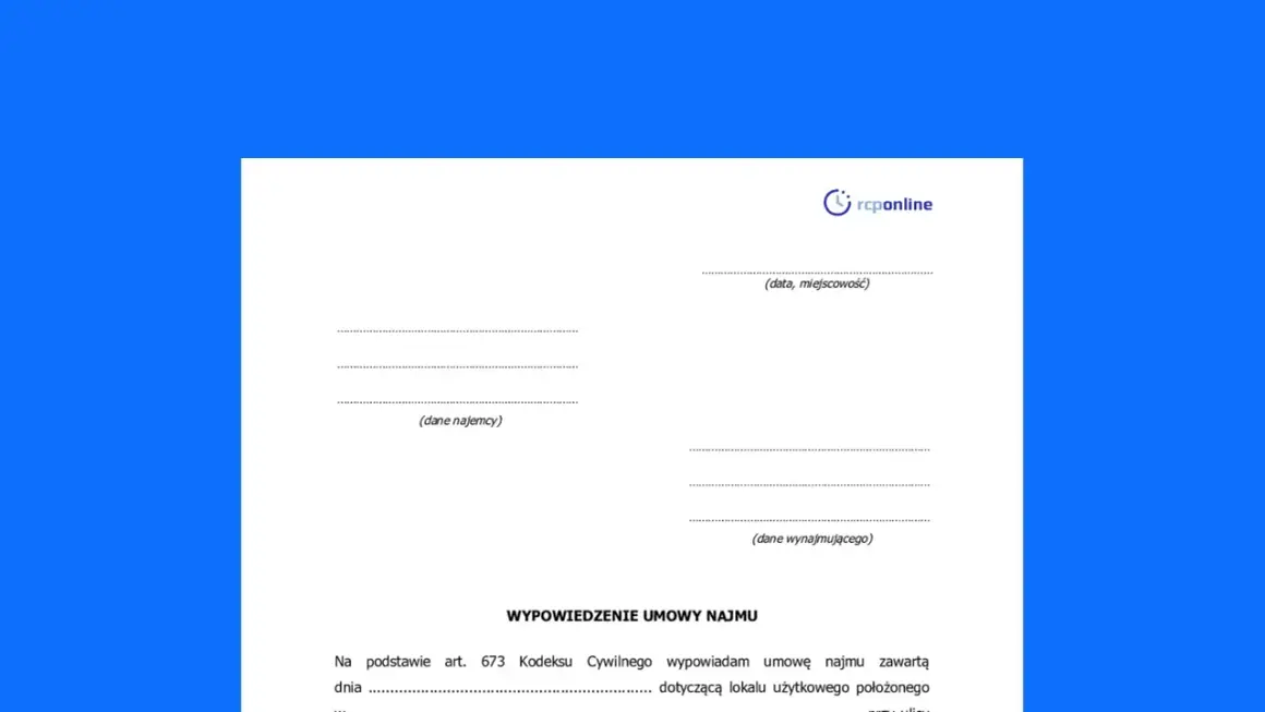 Formularz wypowiedzenia umowy najmu. Od kiedy liczy się okres wypowiedzenia 2 tygodnie? Dokument zawiera pola na dane najemcy, wynajmującego, datę i miejscowość.