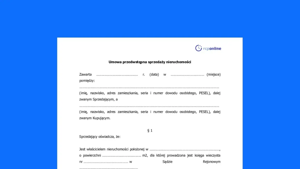 Umowa przedwstępna sprzedaży nieruchomości. Dokument zawiera dane sprzedającego i kupującego, a także informacje o nieruchomości.
