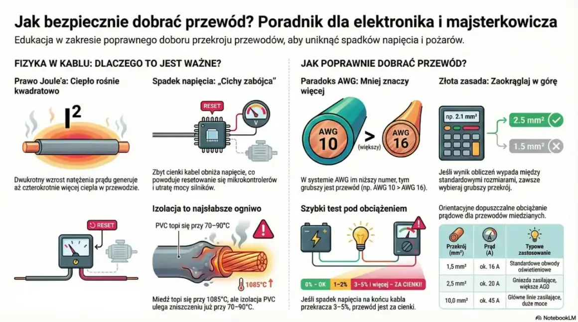 Poradnik o rodzajach przewodów elektrycznych: prawo Joule'a, spadek napięcia, paradoks AWG, dobór przekroju i obciążenia prądowe.