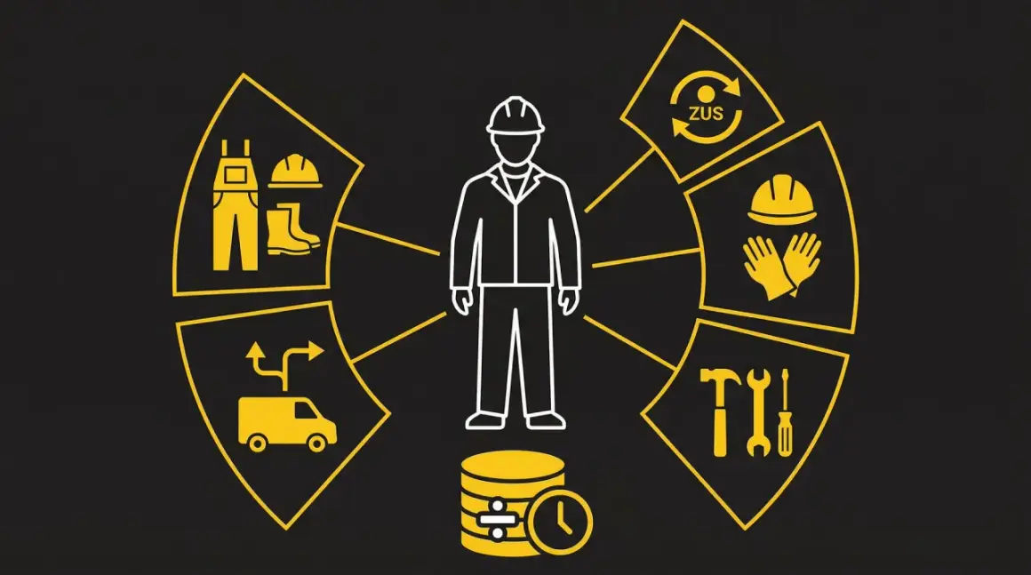 Schemat przedstawia pracownika otoczonego ikonami: odzież ochronna, ZUS, narzędzia, czas pracy, transport.
