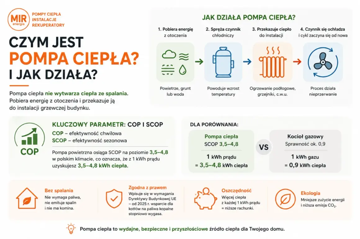 Pompy ciepła – ceny: porównanie efektywności COP/SCOP, oszczędności i ekologii. 1 kWh prądu daje 3,5-4,8 kWh ciepła.