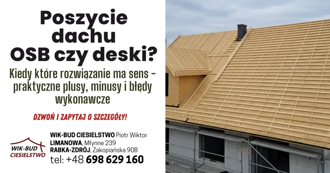 Budowa dachu z deskowaniem z płyt OSB i łaty. Firma WIK-BUD CIESIELSTWO oferuje profesjonalne usługi.