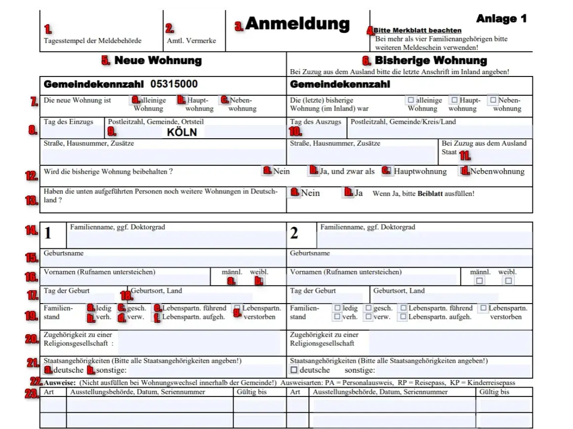 Formular zur Anmeldung einer neuen Wohnung in Köln. Wichtige Felder für meldung tymczasowy.