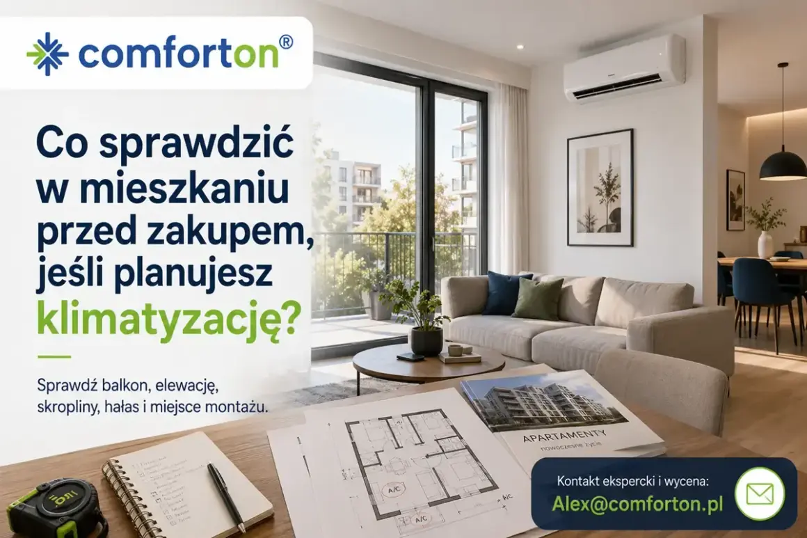 Nowoczesne mieszkanie w bloku z klimatyzacją. Planujesz zakup? Sprawdź balkon, elewację, skropliny, hałas i miejsce montażu.